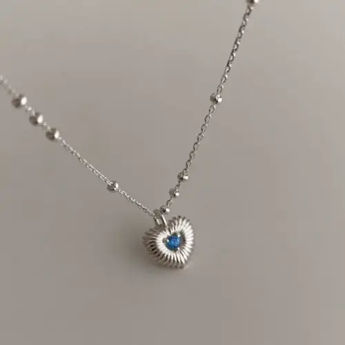 925 Sterling Silver Vintage Sunburst Heart Pendant Necklace – Dainty Blue Zircon Satellite Clavicle Chain for Women