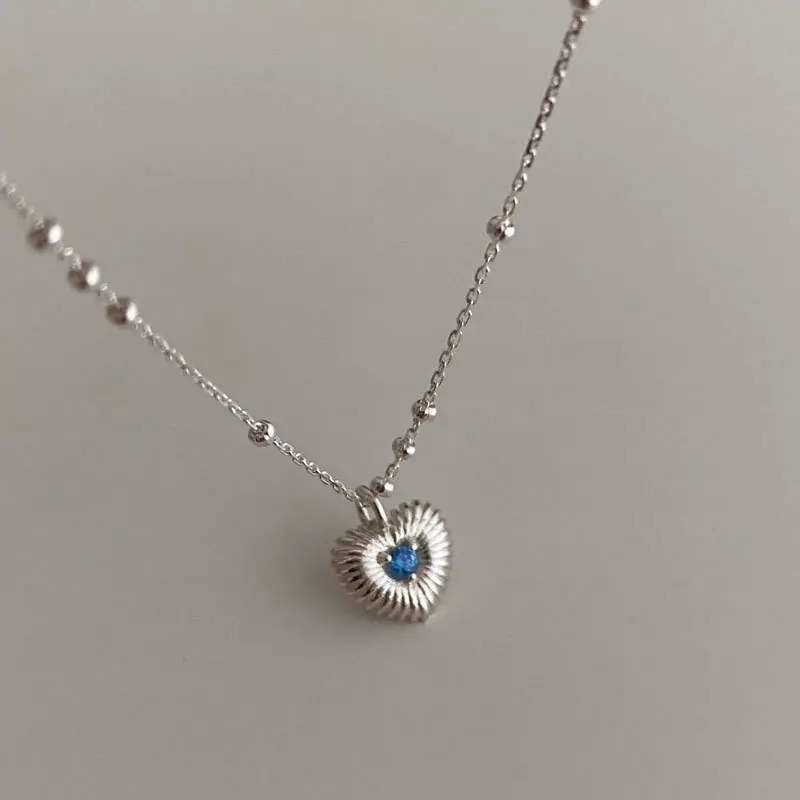925 Sterling Silver Vintage Sunburst Heart Pendant Necklace – Dainty Blue Zircon Satellite Clavicle Chain for Women