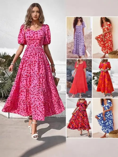 Women's Elegant Printed Puff Sleeve Dress - Chic Ruched Layered Short-Sleeve Dress