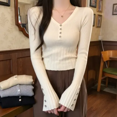 Women's Elegant Ribbed V-Neck Knit Sweater – Slim Fit Long Sleeve Pullover