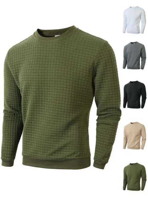 Men's Slim Fit Checkered Crewneck Sweatshirt - Casual Autumn & Winter Long Sleeve Pullover