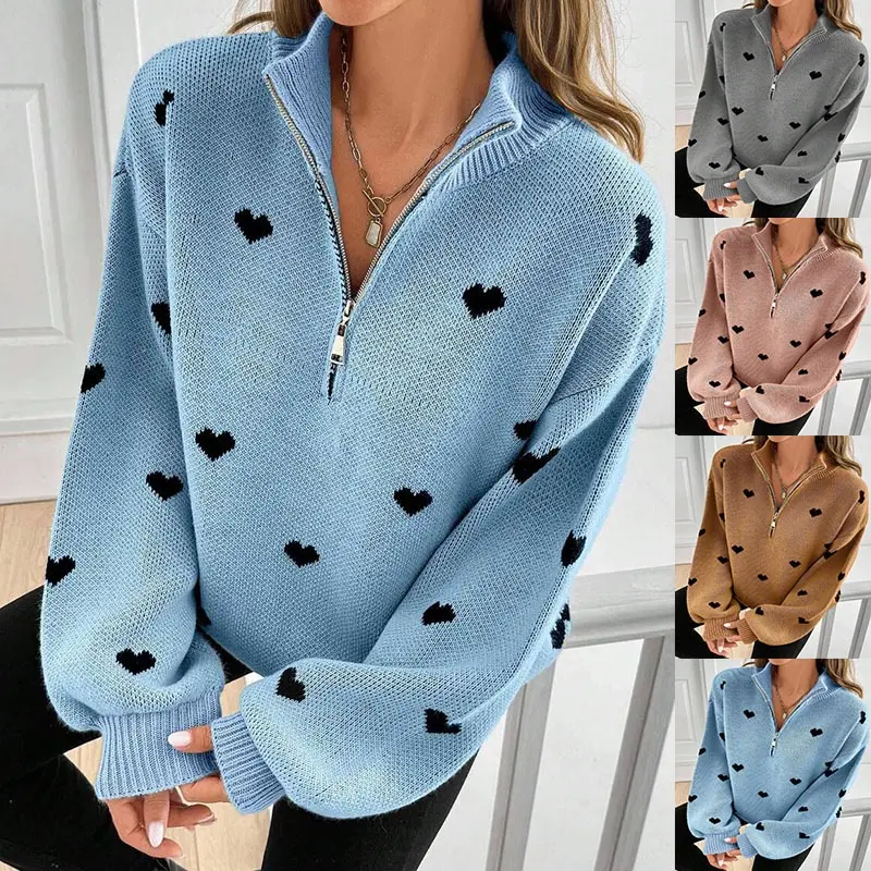 Women's Heart Pattern Knit Zipper Sweater - Cozy Long Sleeve Fall Pullover