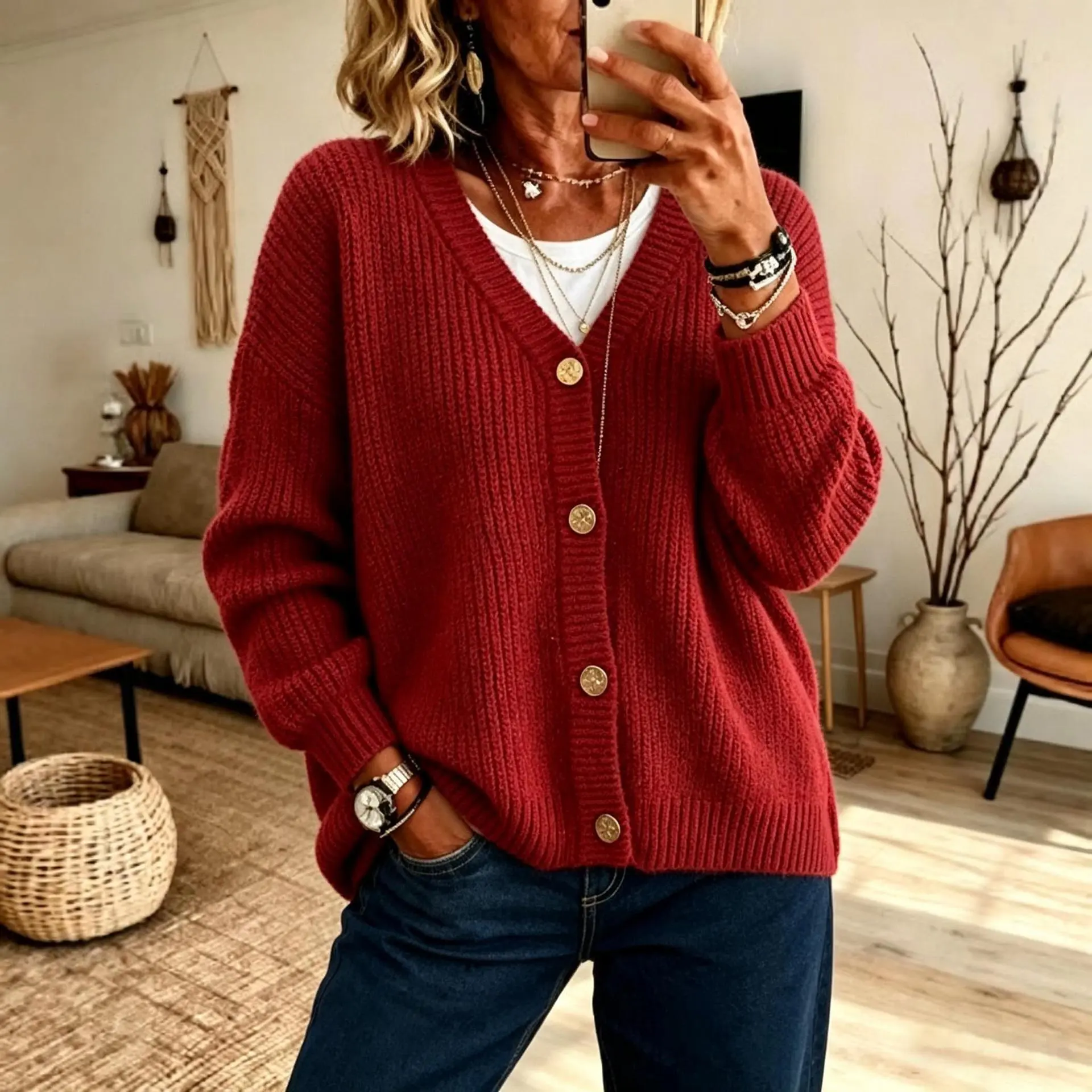 Women's Elegant V-Neck Knitted Cardigan Sweater - Classic Button-Down Long Sleeve Knitwear