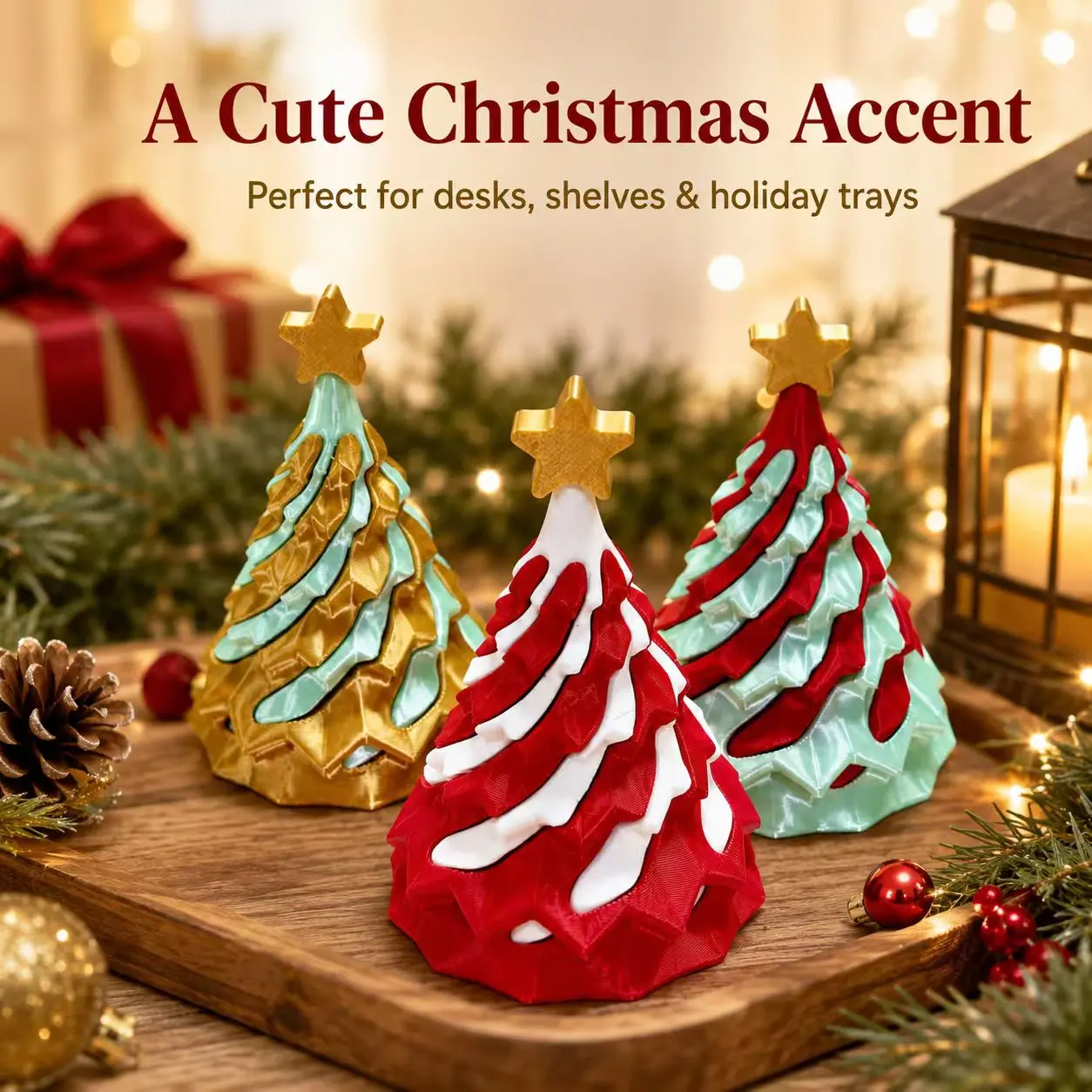 3D Printed Mini Christmas Tree Tabletop Decor – Cute Holiday Tree Ornament for Desk, Shelf, and Office