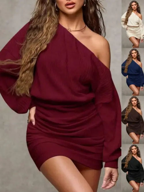 Women's Elegant Off-Shoulder Long Sleeve Dress – Chic Fall & Winter Cocktail Party Dress