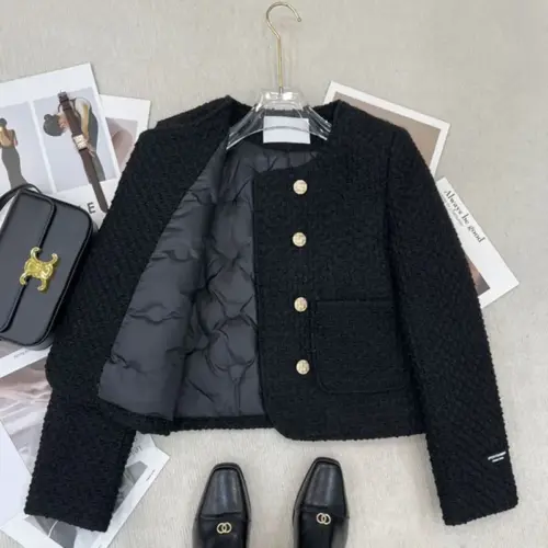 Women's French-Style Double-Breasted Black Tweed Coat – Elegant Warm Winter Jacket