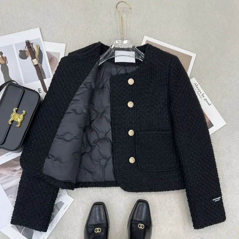 Women's French-Style Double-Breasted Black Tweed Coat – Elegant Warm Winter Jacket
