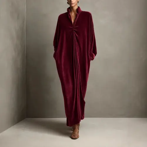 Women's Elegant Mandarin Collar Twisted Velvet Maxi Dress - Long Sleeve Casual Long Gown
