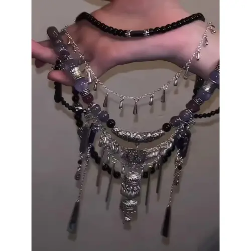 Neo-Chinese Purple-Black Beaded Multi-Layer Necklace | Unisex Geometric Tassel Pendant