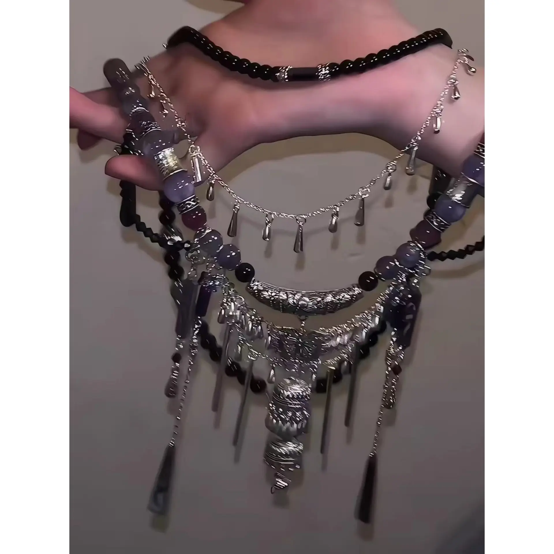 Neo-Chinese Purple-Black Beaded Multi-Layer Necklace | Unisex Geometric Tassel Pendant