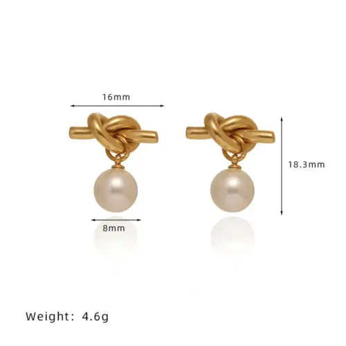 French Style Knotted Gray Glass Pearl Drop Earrings | Hypoallergenic Vacuum Plated Titanium Steel