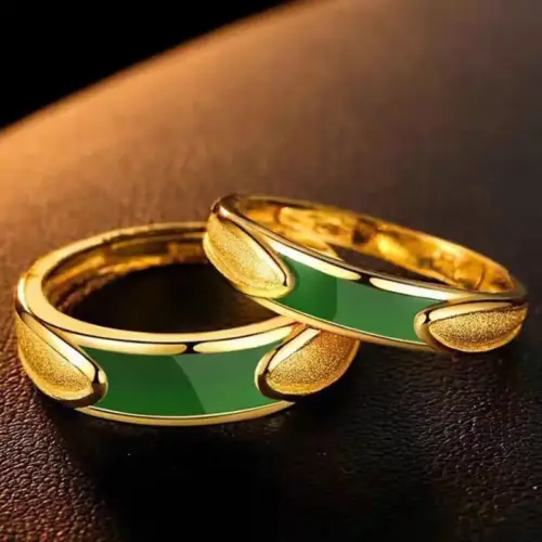 Vintage Green Chalcedony Matching Couple Rings – 24K Gold Plated Adjustable Promise Rings for Men and Women