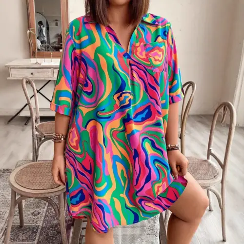 Women's Chic Tie-Dye V-Neck Midi Dress - Elegant 3/4 Princess Sleeve Loose Fit Casual Dress