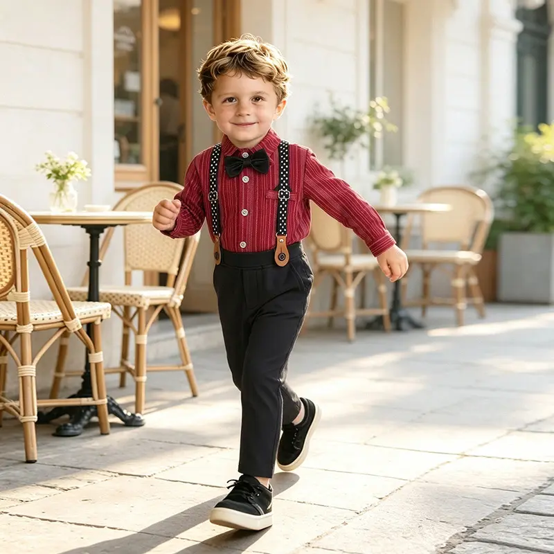 Boys' Dapper Gentleman Formal Outfit Set – Wine Red Striped Long-Sleeve Shirt, Bow Tie & Suspender Pants