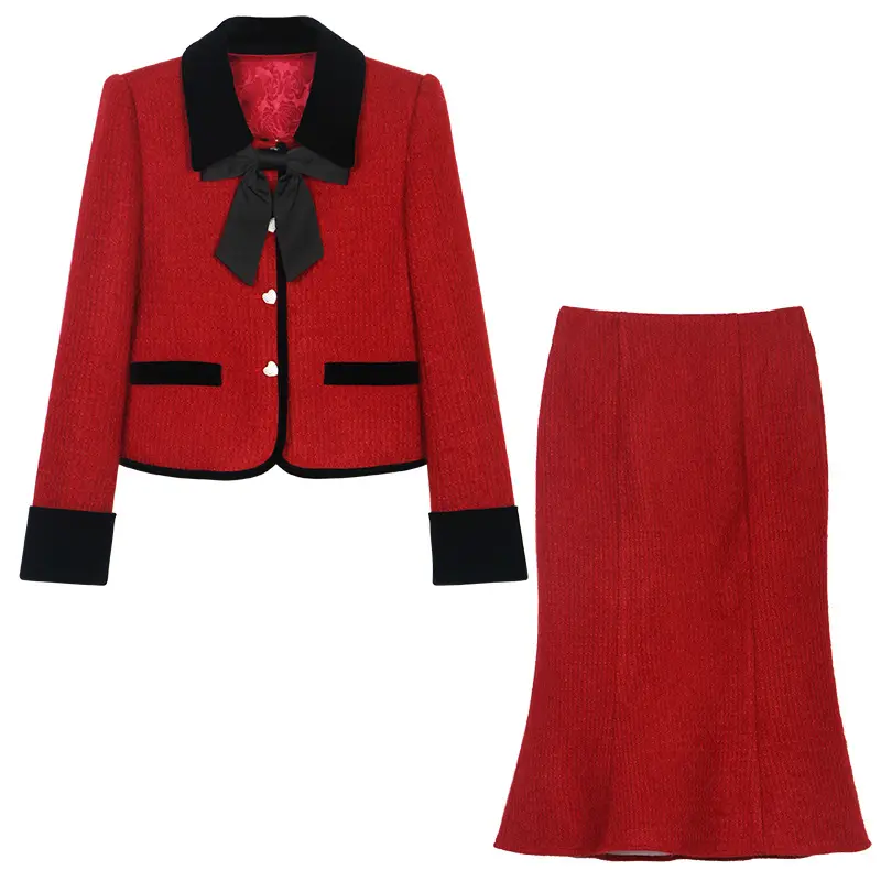 Women's Elegant Tweed Two-Piece Suit Set – Long Sleeve Jacket & Mid-Length Skirt in Ancona Red