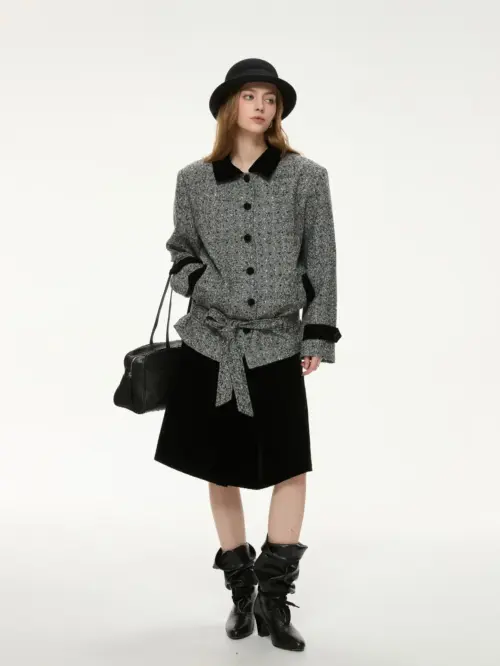 Women's Belted Tweed Jacket with Velvet Trim – Grey and Black