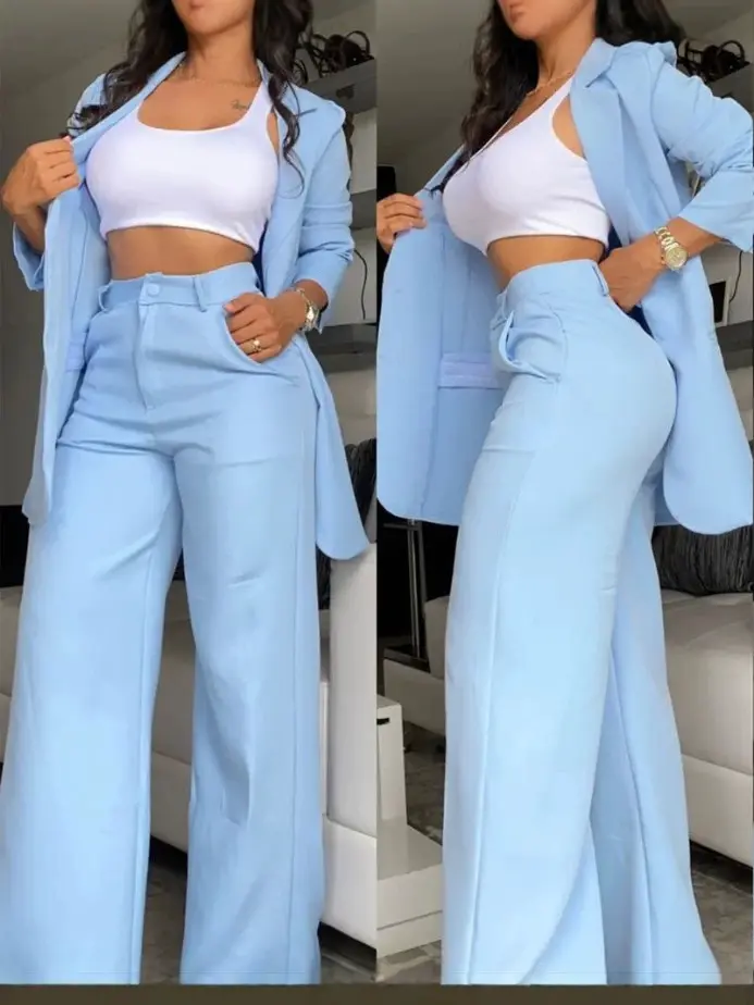 Women's Elegant 2-Piece Pant Suit – Chic Split-Sleeve Blazer and Straight-Leg Trousers Set