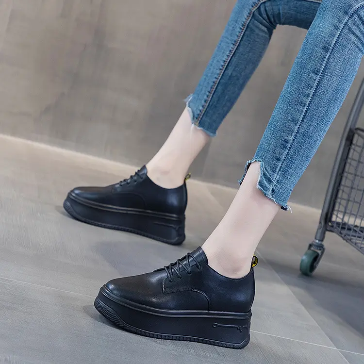 Women's Chunky Platform Leather Shoes – Casual Low-Top Lace-Up Sneakers with Thick Soles