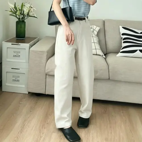 Women's High-Waisted Wide-Leg Cotton Pants - Casual Loose-Fit Straight Denim Trousers