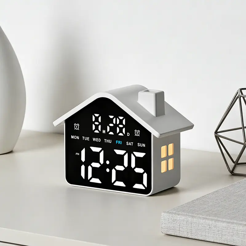 Cute House-Shaped Digital Alarm Clock with LED Night Light – Modern Bedside & Desk Timepiece