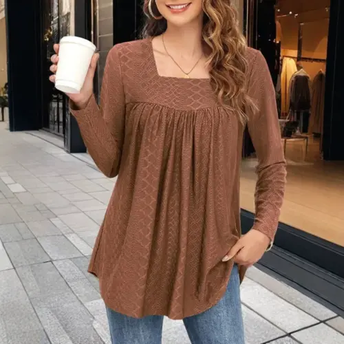 Women's Retro Caramel Plaid Long-Sleeve Top – Elegant Square Neck Pleated Blouse
