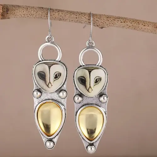 Vintage Boho Owl Teardrop Dangle Earrings – Two-Tone Silver and Gold Brass Statement Jewelry for Women