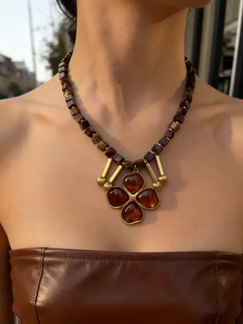 Women's Gold Plated Stainless Steel Flower Pendant Necklace | Elegant Beaded Floral Jewelry
