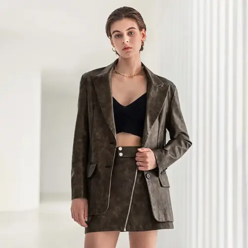 Chic Washed Faux Leather Blazer and High-Waisted Mini Skirt 2-Piece Set for Women