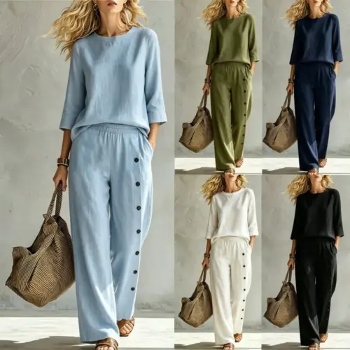 Women's Chic Casual Two-Piece Set – Loose Fit Solid Couleur Matching Outfit with Buckle Detail