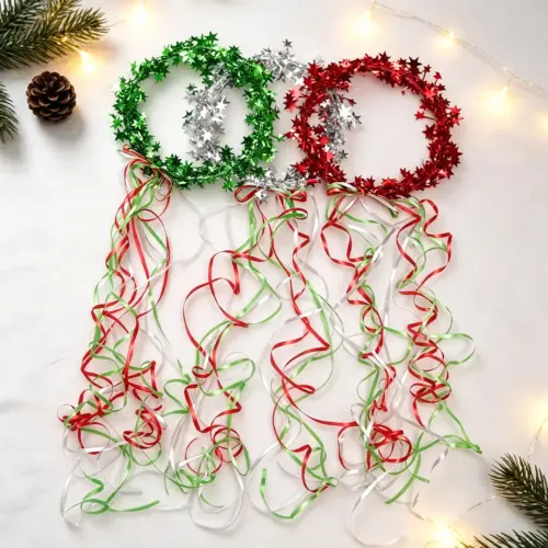 Festive Christmas Glitter Star & Ribbon Wreath Headband - Holiday Party Hair Accessory
