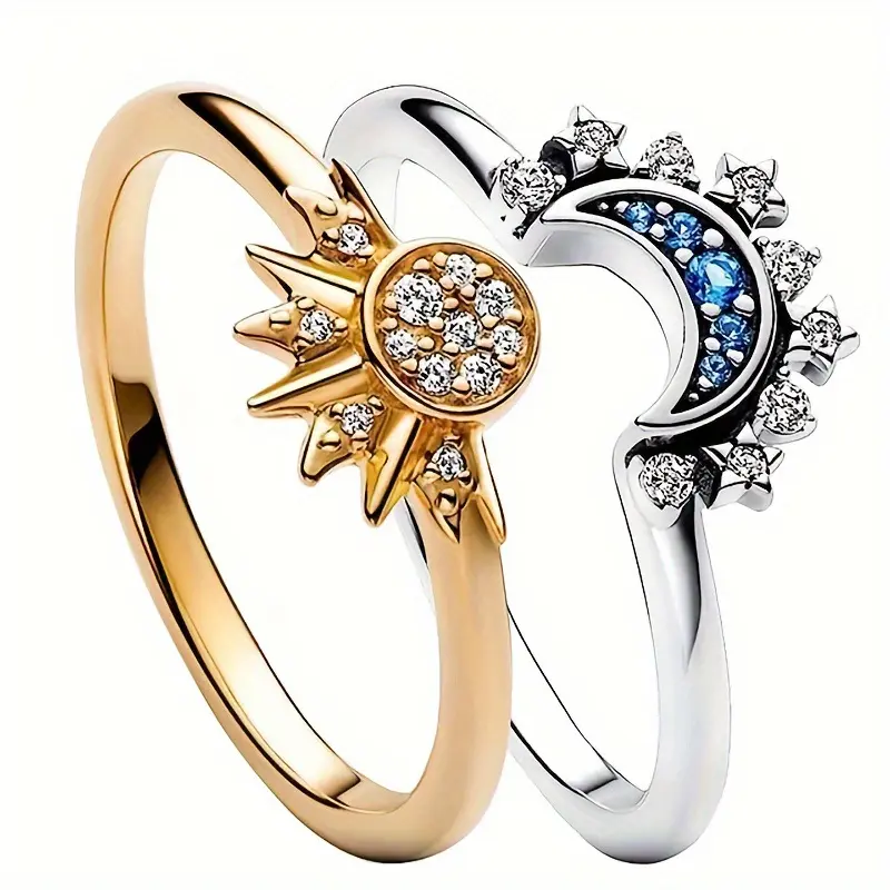 Celestial Sun & Moon Open Ring Set – Romantic Two-Tone Crystal Statement Rings for Women