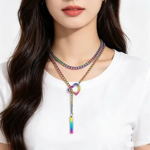 Iridescent Heart Double-Layer Necklace - Stainless Steel Y-Shaped Clavicle Cuban Chain
