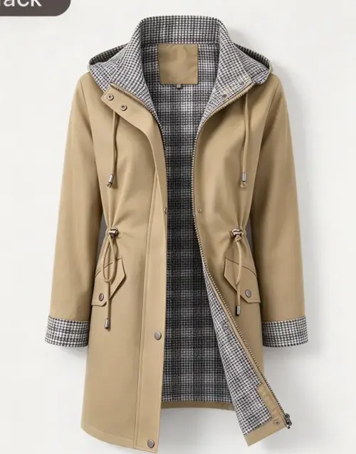 Women's Classic Hooded Trench Coat – Casual Mid-Length Outerwear with Plaid Lining and Adjustable Drawstring Waist
