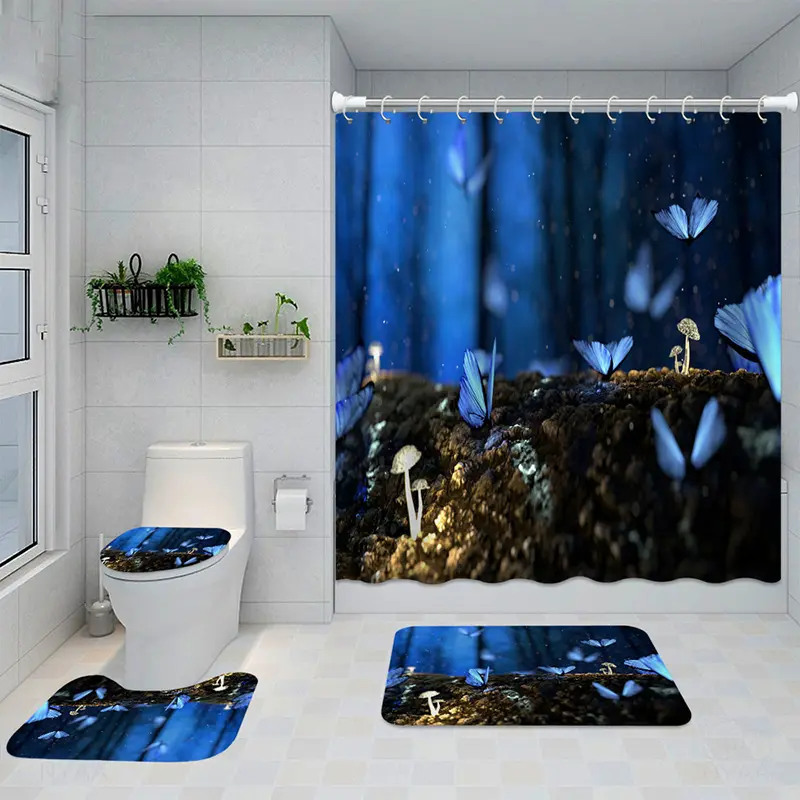 Complete 4-Piece Bathroom Set – Waterproof 3D Print Shower Curtain with Matching Non-Slip Bath Rugs & Mats