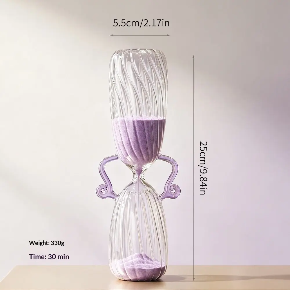 Modern Hand-Blown Striped Glass Hourglass with Handles – Aesthetic Purple Sand Timer Decor
