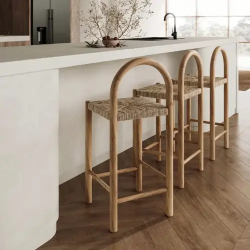 Modern Solid Wood Rattan Bar Stool – High-Leg Counter Chair for Kitchen Island & Dining Room