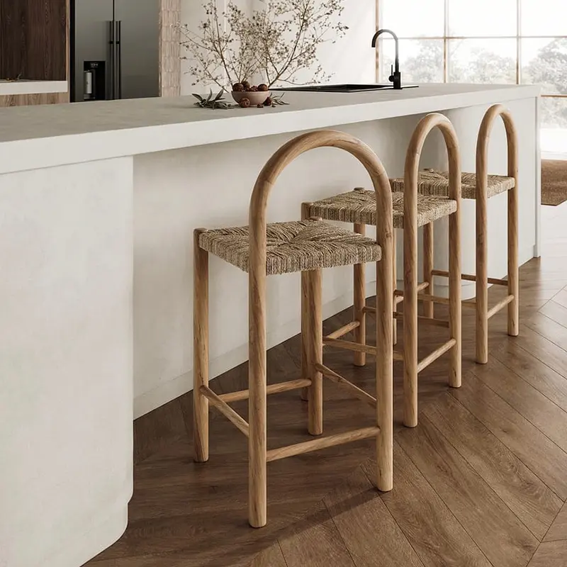 Modern Solid Wood Rattan Bar Stool – High-Leg Counter Chair for Kitchen Island & Dining Room