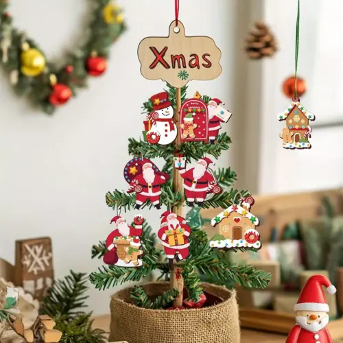Rustic Wooden Santa Claus Christmas Tree Ornaments - Festive Holiday Hanging Pendant Set