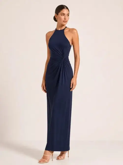 Elegant Halter Neck Side Twist Knot Bodycon Maxi Dress | Sleek Formal Evening Gown