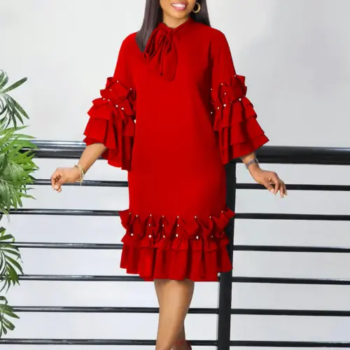 Women's Elegant A-Line Midi Dress with 3/4 Flared Bell Sleeves
