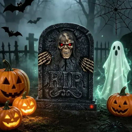 Animated Halloween Tombstone with Swinging Skeleton – Sound & Motion Activated Prop with Glowing Lights for Haunted Yard Decor