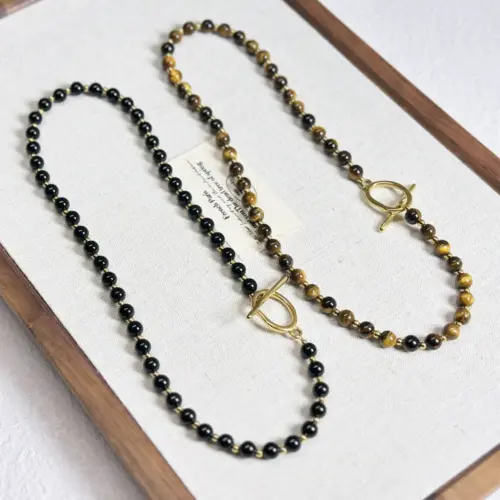 Maillard Tiger's Eye Beaded Choker Necklace - Chic Titanium Steel OT Clasp Collar for Women