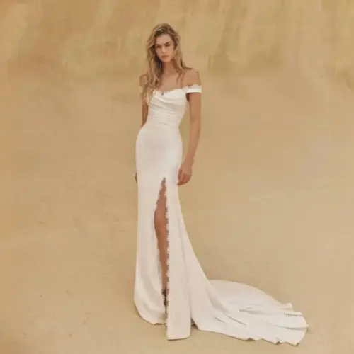 Elegant Off-the-Shoulder Wedding Dress with High Slit and Cathedral Sweep Train