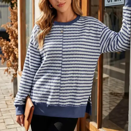 Women's Casual Loose-Fit Pullover Top | Striped Patchwork Long Sleeve Shirt with Side Slits