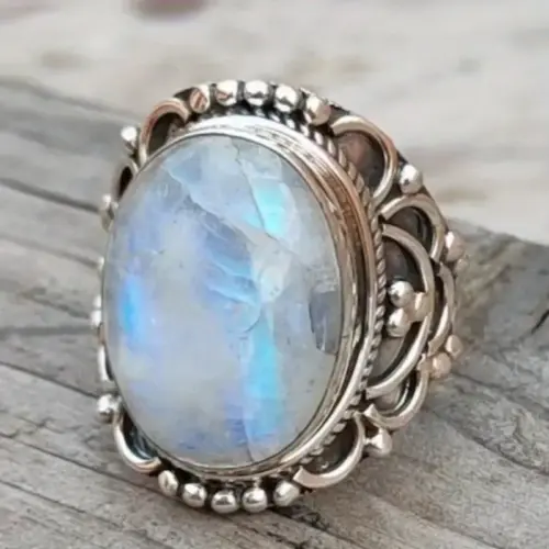 Vintage Oval Moonstone Boho Statement Ring for Women – Elegant Antique Style Brass Jewelry