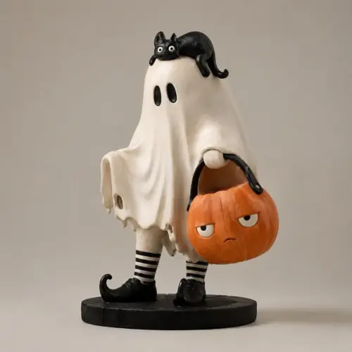 Whimsical Ghost & Pumpkin Cat Resin Statue – Cute Halloween Figurine & Tabletop Decor