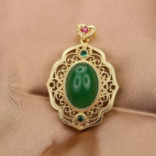 Vintage Green Agate Pendant Necklace - Antique 18K Gold Plated Filigree Statement Jewelry