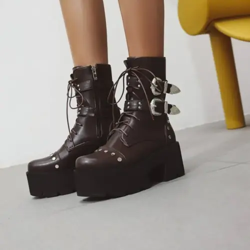 Women's Chunky High Heel Platform Boots - Stylish Mid-Calf Martin Boots with Side Zipper