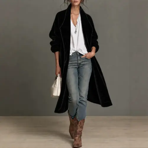 Women's Luxurious Velvet Lapel Cardigan - Elegant Long-Sleeve Open Front Jacket Coat