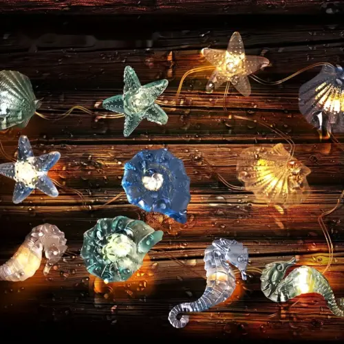 Coastal Marine Shell & Starfish String Lights – Waterproof Copper Wire Fairy Lights for Patio, Garden & Home Decor